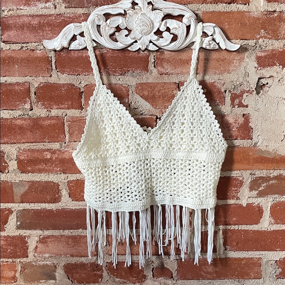 deadstock 2000s vintage NWT 100% cotton crochet fringe crop top